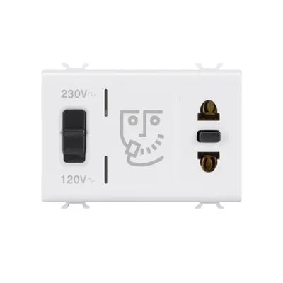 Priza Standard Euro-Americana pentru Aparat de Ras cu Transformator de Izolatie - 230v C.a. - 50/60 Hz - 3 Module - Alb Lucios - Antibacterian - Chorusmart