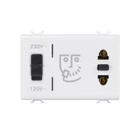 Priza Standard Euro-Americana pentru Aparat de Ras cu Transformator de Izolatie - 230v C.a. - 50/60 Hz - 3 Module - Alb Lucios - Antibacterian - Chorusmart