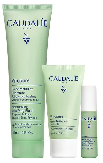 Set Caudalie Vinopure - Fluid matifiant, Gel curățare matifiant și Ser cu acid salicilic, 60 + 30 + 10 ml