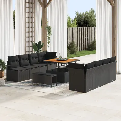 Set canapea gradina Gossi cu 11 piese perne negru ratan polimer acacia, canapea gradina Gossi cu 2 locuri spatiu depozitare si perne negre ratan polimer, set gradina Gossi cu 3 piese perne negre ratan polimer acacia