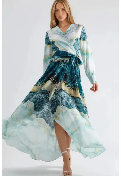 Rochie Maxi - imprimeu abstract - verde - poliester cu lycra