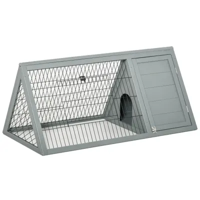 PawHut Clapier triunghiular dublu pentru iepuri cu țarc exterior și căsuță, lemn brad, gri — 116 x 62,2 x 52,5 cm | Aosom Romania