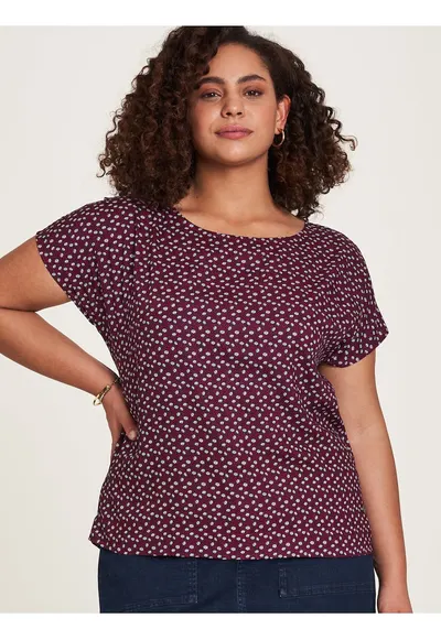 Tricou din viscoza cu model floral si decolteu la baza gatului