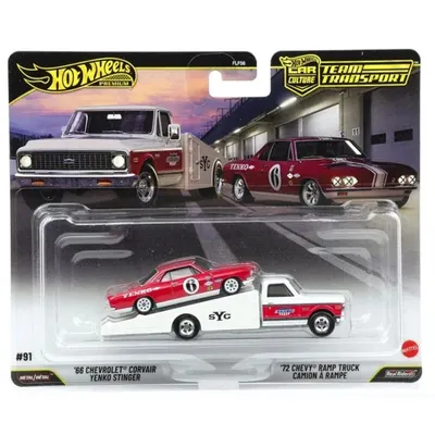 Transportator cu masinuta Hot Wheels, Car Culture Team Transport, 66 Chevrolet Corvair Yenko Stinger si 72 Chevy Ramp Truck C, JHX91