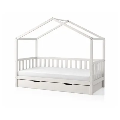 Pat pentru copii alb de tip casă/cu extensie suplimentară din lemn masiv de pin cu spațiu de depozitare 90x200 cm DALLAS – Vipack