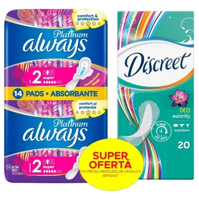 Absorbante Always Platinum Super, 14 Bucati + Absorbante Zilnice Discreet Waterlily, 20 Bucati
