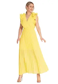 Rochie maxi plisata - galben - maneci cu volane - viscoza/elastan/poliester -