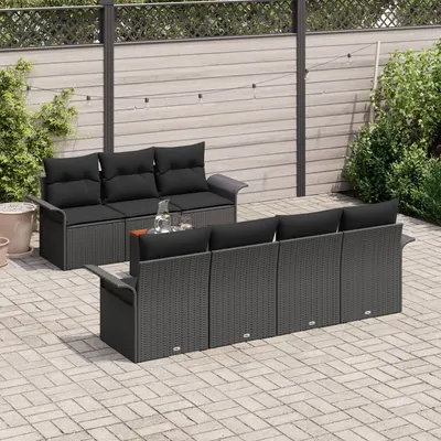 Set de canapea gradina de 8 piese cu perne negru poliratan acacia, set sofa gradina de 2 locuri cu spatiu pentru depozitare si perne negru poliratan