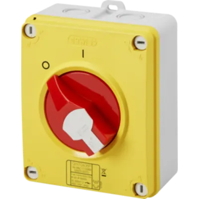 Selector rotativ - Emergenta - doza din material izolator - 40A 3P+N - blocabil RED KNOB - IP66/67/69