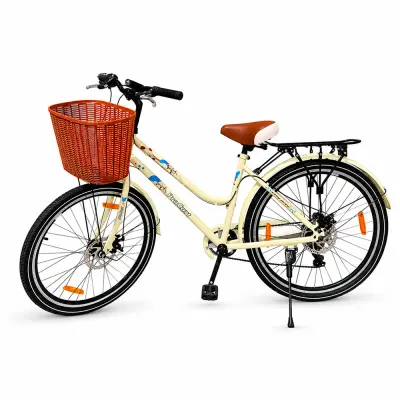 Bicicleta dama 26 inch, schimbator Shimano 7 viteze, frane pe disc, cos cumparaturi, portbagaj