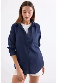 Camasa overshirt - amestec de in - albastru marin - maneca lunga - guler clasic