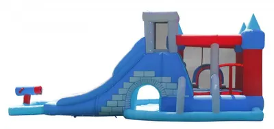 Saltea gonflabila Splash Park cu doua tobogane, spatiu de catarat, tun cu apa, loc pentru sarituri, cos de baschet si darts