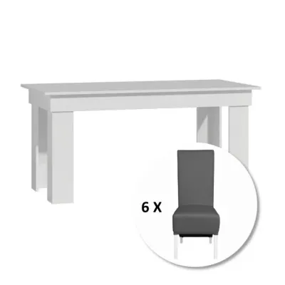 Set masa MONTILLA dreptunghiulara cu 6 scaune VANESSA, alb + piele ecologica gri, 160x80x75 cm