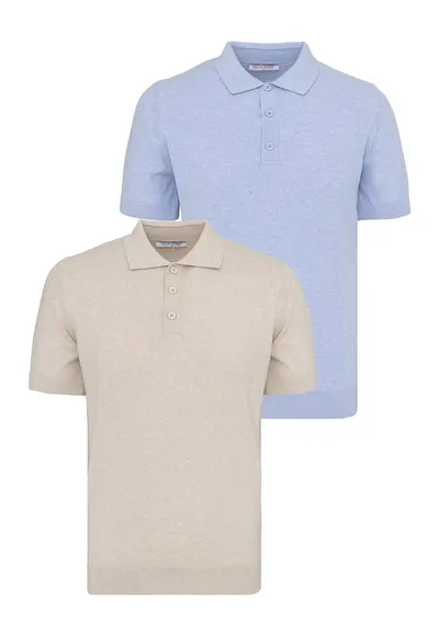 Set de tricouri din bumbac cu guler polo - 2 piese - Albastru pastel/Bej