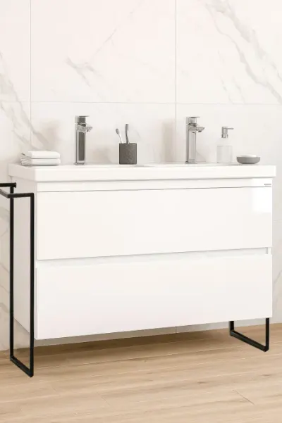 Set Baza front MDF si Lavoar seria 286, cu sertare, cadru metalic, montat, 120 cm, alb