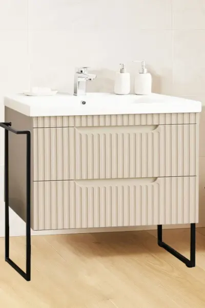 Set Baza front MDF si Lavoar seria 733, cadru metalic, sertare, montata, 80 cm, crem