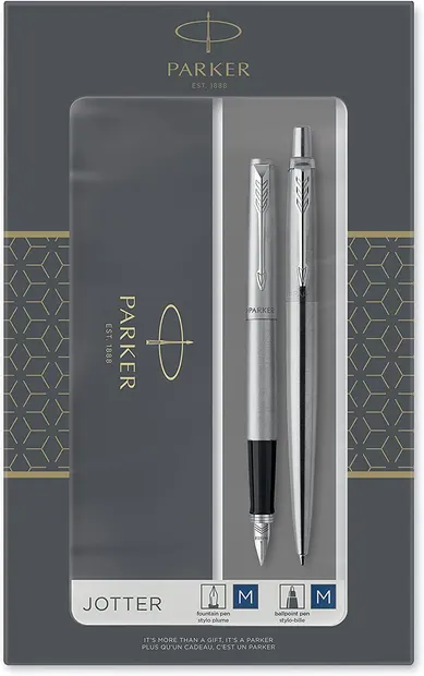 Set stilou Parker Jotter Stainless Steel -Cu pix, placat cu argint