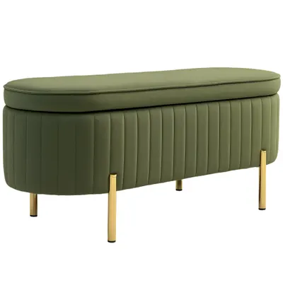 HOMCOM Băncuță Tapițată pentru Dormitor cu Capitonaj Canelat și Picioare Metalice, 108x44x43,5 cm, Verde | Aosom Romania