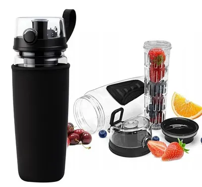 Sticla apa 1L cu infuzor fructe, husa agatatoare, inchidere etansa, negru