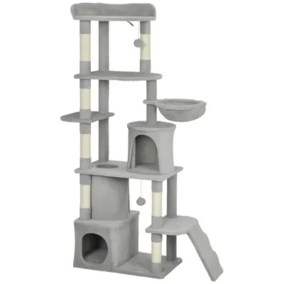 Pawhut Ansamblu de joacă pentru Pisici de 170 cm cu 7 Stâlpi Zgâriători, 2 Căsuțe, Hamac, Gri Deschis | Aosom Romania