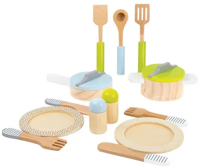Set din lemn pentru copii Small Foot - Vase și ustensile, 13 piese