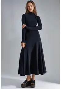 Rochie Midi A-Line - Maneca Lunga - Negru - Jerseu