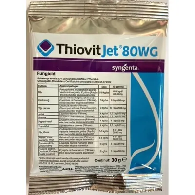 Thiovit Jet 80WG 30 gr, fungicid de contact pe baza de Sulf, Syngenta, fainare (ardei, cais, castraveti, orz, triticale, secara, dovleac, mar, morcov, nectarin) - Default Title