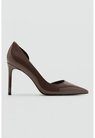 Pantofi stilettos din piele ecologica cu aspect lacuit - Maro inchis