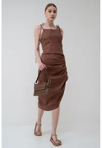 Rochie din amestec de in cu fronseuri - Maro deschis