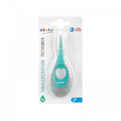 Periuta de dinti Akuku First brush MintGri pentru bebelusi si copii,peri moi,maner silicon,capac inclus,recomandat pentru 0-2 ani