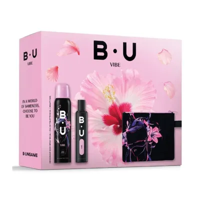 Set Cadou Femei B.U Vibe, Apa de Toaleta 50 ml, Deodorant Spray pentru Corp 150 ml, Borseta