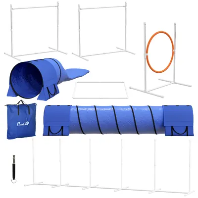 PawHut Echipament de Agilitate pentru Caini cu 7 Piese, Inel de Sărituri, Obstacol, Tuneluri, 67x63x93 cm, Albastru | Aosom Romania