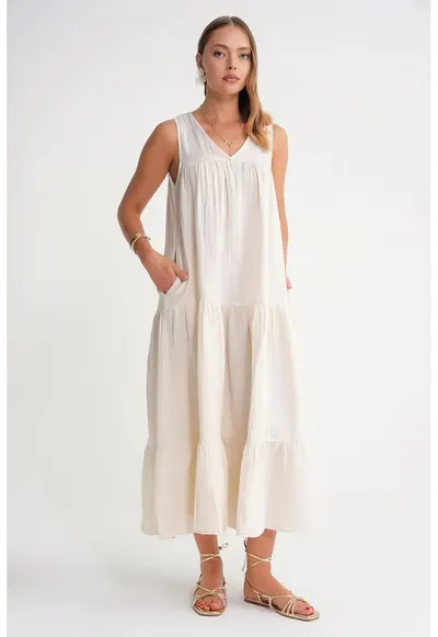 Rochie midi - fara maneci - alb - bumbac