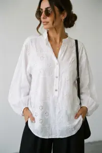 Camasa din bumbac cu broderie sparta patchwork si maneci bufante, alba