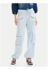 Pantaloni dama - talie inalta - craci drepti - albastru - bumbac/viscoza