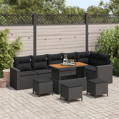 Gossi set de 9 piese pentru gradina cu perne negru poliratan acacia, Gossi set de 3 piese pentru masa in gradina cu perne negre poliratan acacia