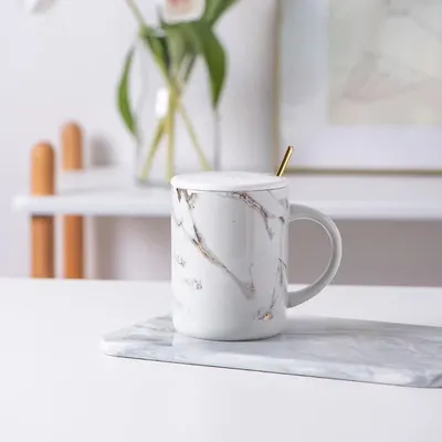 Pahar cu capac Morello - Marble, cu linguriță, 280 ml, Gri