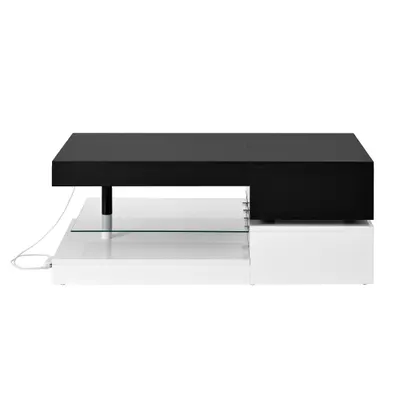 Masă de cafea cu iluminare ambientală LED, poliță din sticlă & finisaj lucios, 90x45x35,5 cm, Negru+Alb