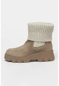 Ghete Chelsea de piele intoarsa cu segment din tricot - Maro taupe/Gri deschis melange