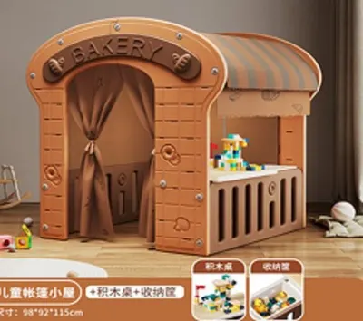 Casuta de joaca pentru copii Nichiduta Graden brown Bakery, iluminata, cu draperie si covoras din PU inclus, dimensiune 98 x 92 x 115 cm