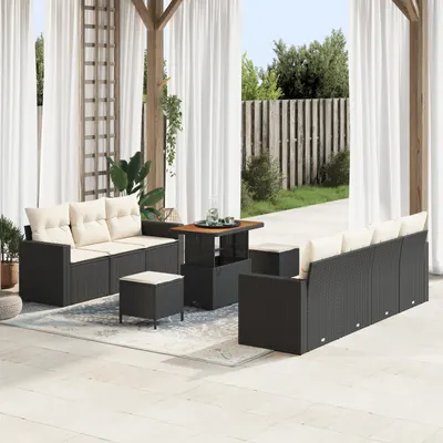 Set de canapea de gradina Gossi 10 piese cu perne rattan poli negru acacia, set de luat masa de gradina Gossi 3 piese cu perne rattan poli negru acacia