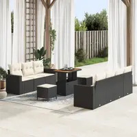 Set de canapea de gradina Gossi 10 piese cu perne rattan poli negru acacia, set de luat masa de gradina Gossi 3 piese cu perne rattan poli negru acacia