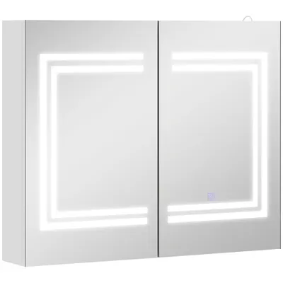 kleankin Oglindă Baie cu Dulap și LED, 80 x 65cm, Ușă Soft Close, Reglabilă pe 3 Culori, Rafturi Ajustabile, Alb Lucios | Aosom Romania