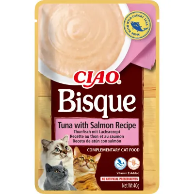 INABA Churu Bisque, Ton și Somon, recompense fără cereale pisici, (piure) INABA Churu Bisque, Ton și Somon, plic recompense fără cereale pisici, (piure), 40g