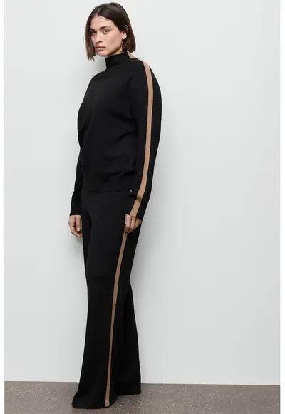 Pantaloni drepti din amestec de lana cu segmente laterale contrastante - Negru/Maro camel