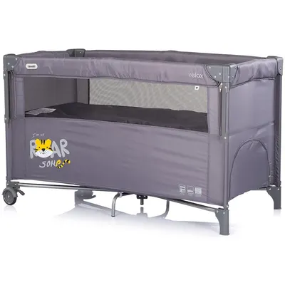 Patut pliabil Chipolino Relax Tiger Charcoal cu laterala culisanta, 2 nivele, intrare laterala, geanta pentru transport, greutate admisa 15 kg