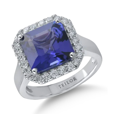 Inel din aur alb cu tanzanit de 5.45ct si diamante de 0.5ct