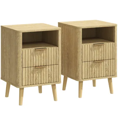 HOMCOM Set de 2 noptiere, noptiere cu 2 sertare și compartiment deschis, colțuri rotunjite, 40 x 40 x 61 cm, stejar | Aosom Romania