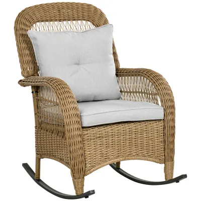Outsunny fotoliu-balansoar în stil boho, PE-rattan, fotoliu-balansoar din rattan, huse perne lavabile, Natural + Gri deschis | Aosom Romania