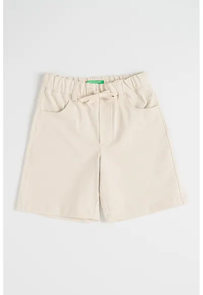 Pantaloni scurti din amestec de bumbac cu talie ajustabila - Crem